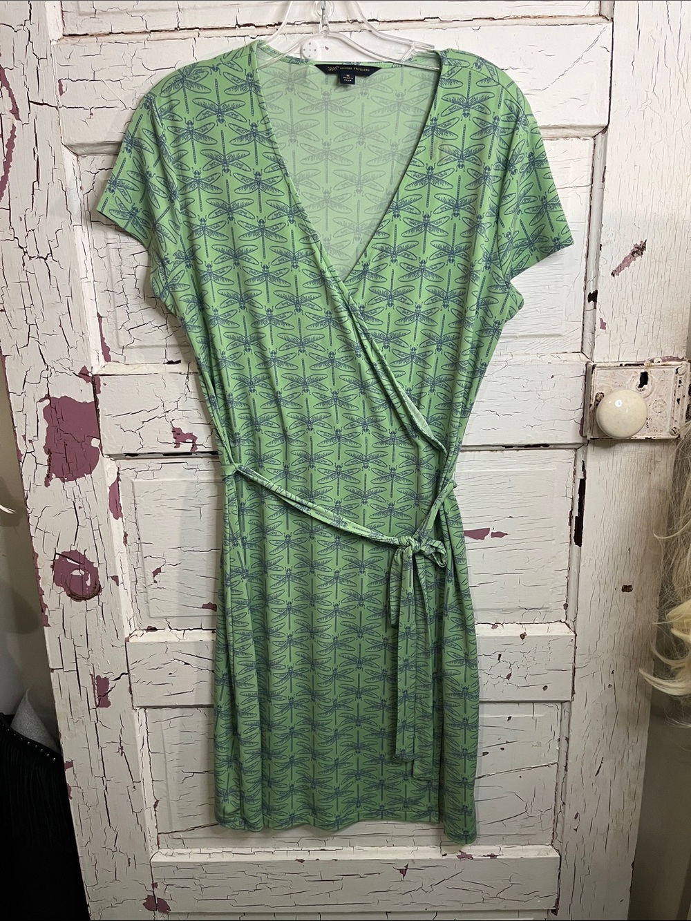 Brooks Brothers Green DRAGONFLY Printed Faux Wrap Dress Sz Med Polyester Blnd